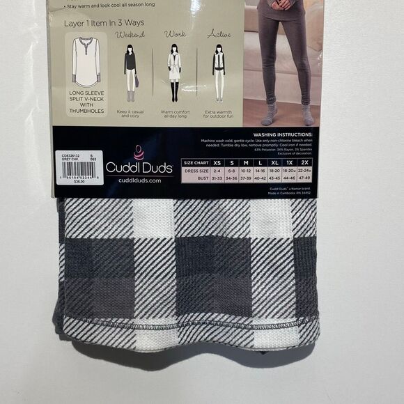 Cuddl Duds Women's Gray Check Stretch Thermal Long Sleeve V-Neck Top Small NWT - Picture 5 of 7